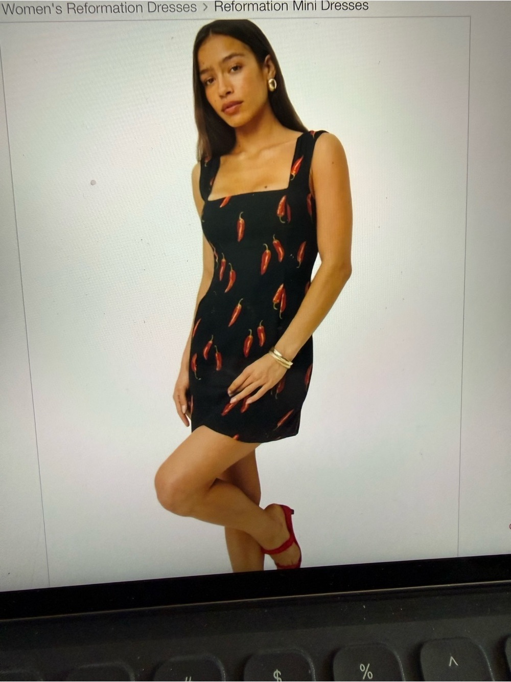 Reformation Black Mini Dress with Red Chili Print